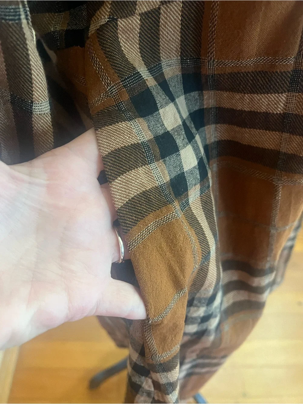 Plaid V-Neck Babydoll Mini Dress in Tan - Picture 4 of 7